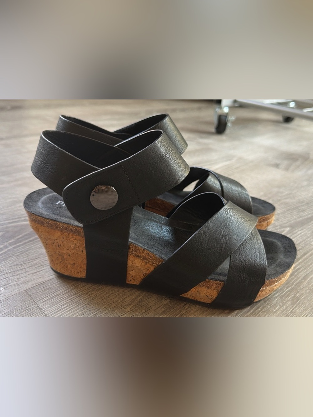 Pierre Dumas Black Cork Wedge Sandals with Ankle Strap